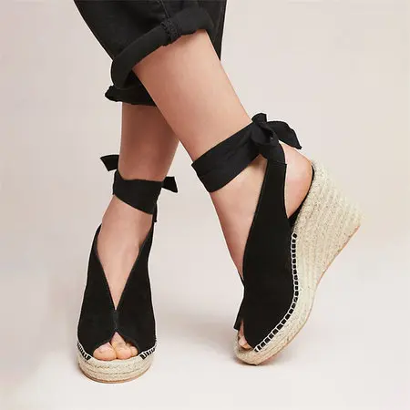 

Suede Leather Women Sandals Shoes Weave Wedge Heels Peep Toe High Heels Platform Pumps Lace Up Bandage Girl Sandals