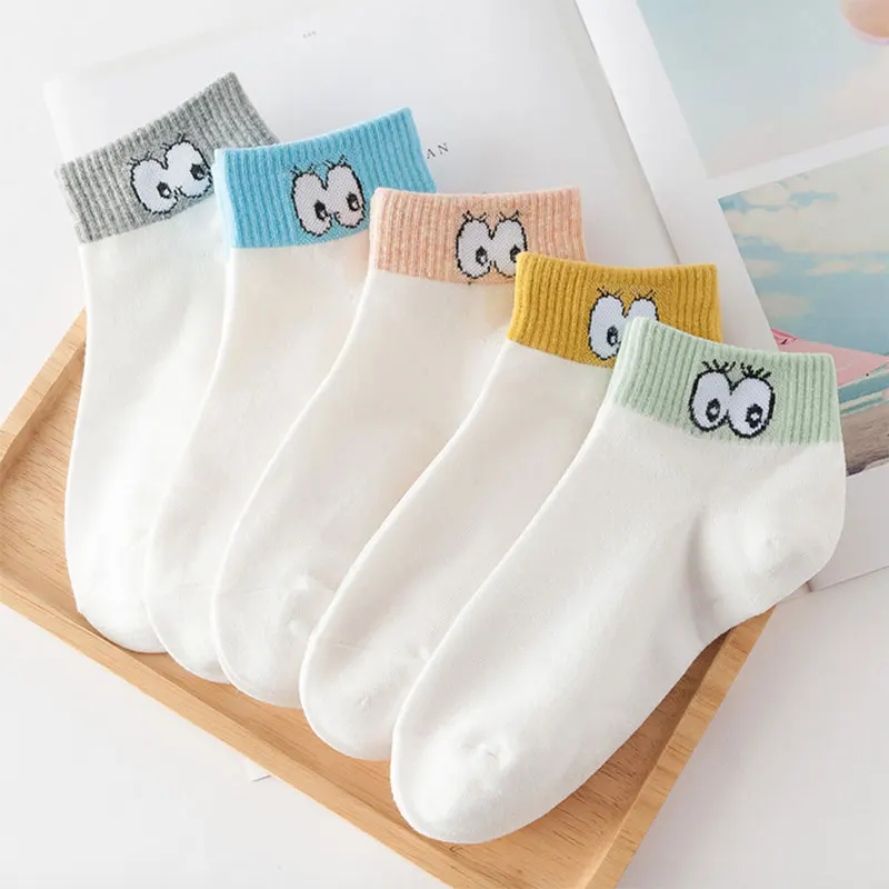 Big eyes 5 pairs 5 пар/компл. хлопок Для женщин носки по щиколотку летний Повседневное в полоску, модная фрукты Твердые Цвет узор короткие женские Носки с рисунком - Цвет: Big eyes 5 pairs