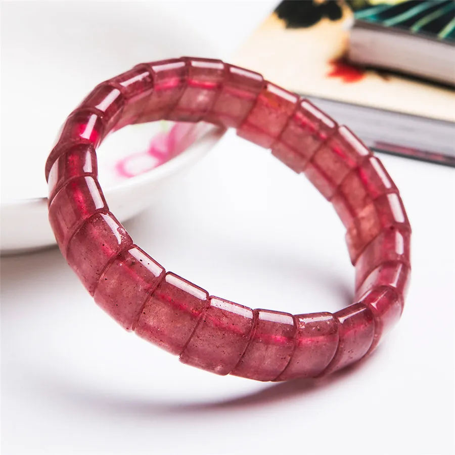 

Genuine Natural Red Strawberry Quartz Crystal Rectangle Beads Women Ladies Charm Stretch Bracelet