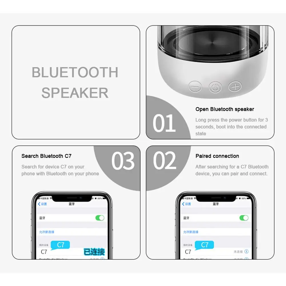 Портативный Bluetooth 5 0 динамик C7 прозрачный СВЕТОДИОДНЫЙ сабвуфер с подсветкой TWS 6D