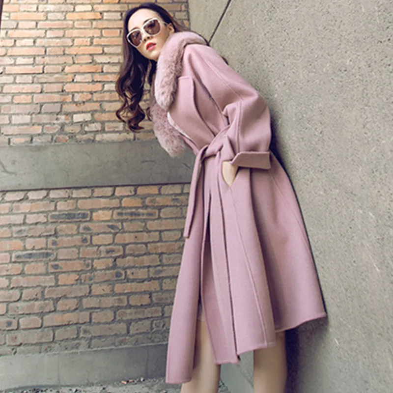 Модное шерстяное пальто с воротником из лисьего меха Осень-зима 2018 длинное