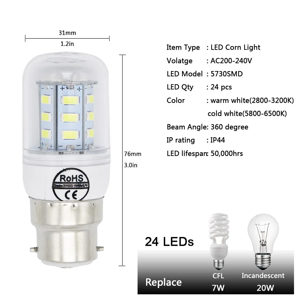Светодиодная лампа b22 240 в 220 В 7 Вт 12 15 20 72x5730 SMD 30 холодный теплый белый