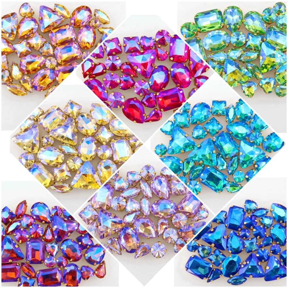 50pcs/bag 11 shapes mix 15 AB colors gold claw setting glass crystal sew on rhinestone Crystals wedding dress shoes bags diy | Дом и сад