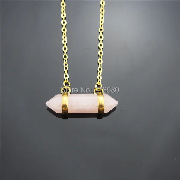 

QN284 Crystal Quartz Point Charm Pendant Necklace,Petite Rose Pink Quartz Double Bail Charm Pendant Necklace Silver or Gold