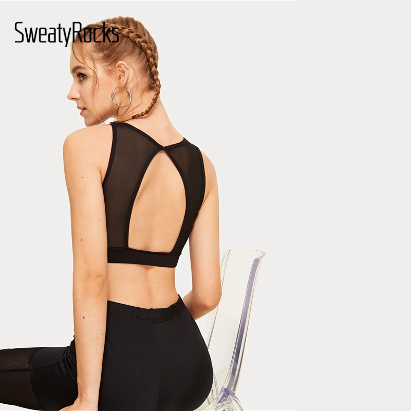 Спортивный бюстгальтер SweatyRocks с контрастной сеткой и вырезом сзади, черный укороченный топ, модная женская одежда для активного отдыха, летний топ, облегающий Повседневный бюстгальтер