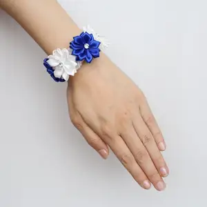 С украшением в виде кристаллов наручные Цветы Королевский сине-белые бутоньерки шелковая лента с цветами на запястье сделай сам, аксессуары для свадьбы, SW0678-Z