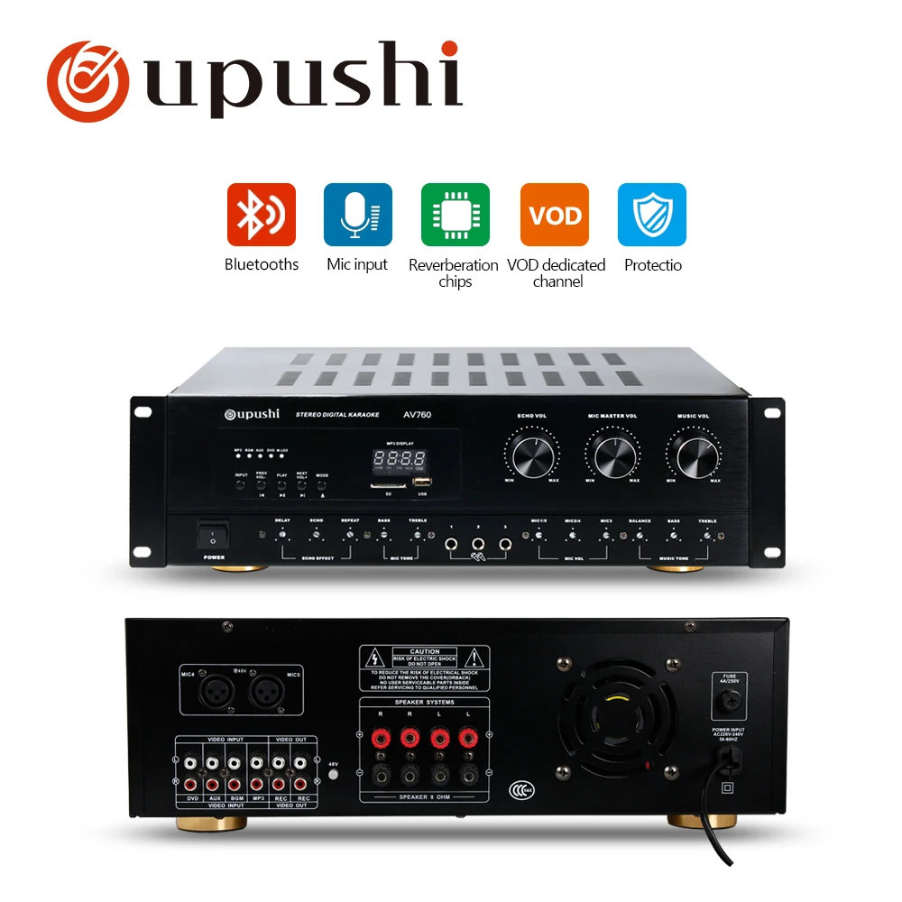 Профессиональный караоке 8 Ом Цифровой усилитель Oupushi 2 канальный Hi Fi 250 Вт * эхо