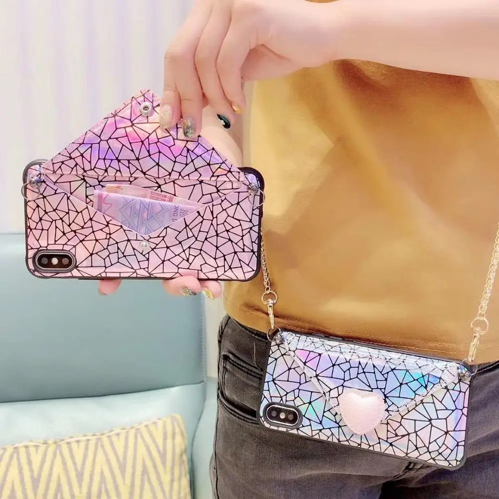 Кошелек для карт чехол iPhone 7 8 6s 6 plus XS MAX XR X Роскошный лазерный конверт на плечо с