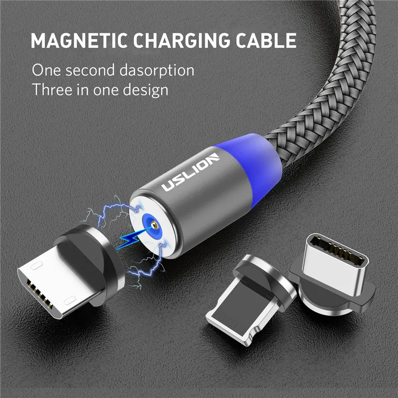 USLION Быстрая зарядка Магнитный кабель 2 м Micro usb type C зарядное устройство для iPhone XS X
