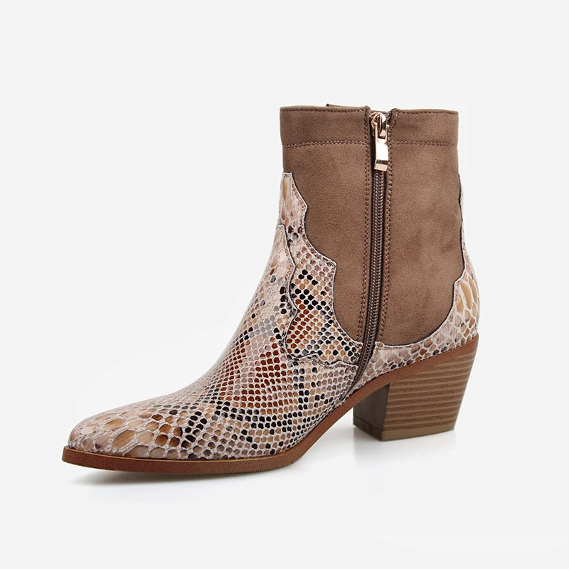 Perixir/женские ботинки на молнии со змеиным принтом Ботильоны квадратном каблуке