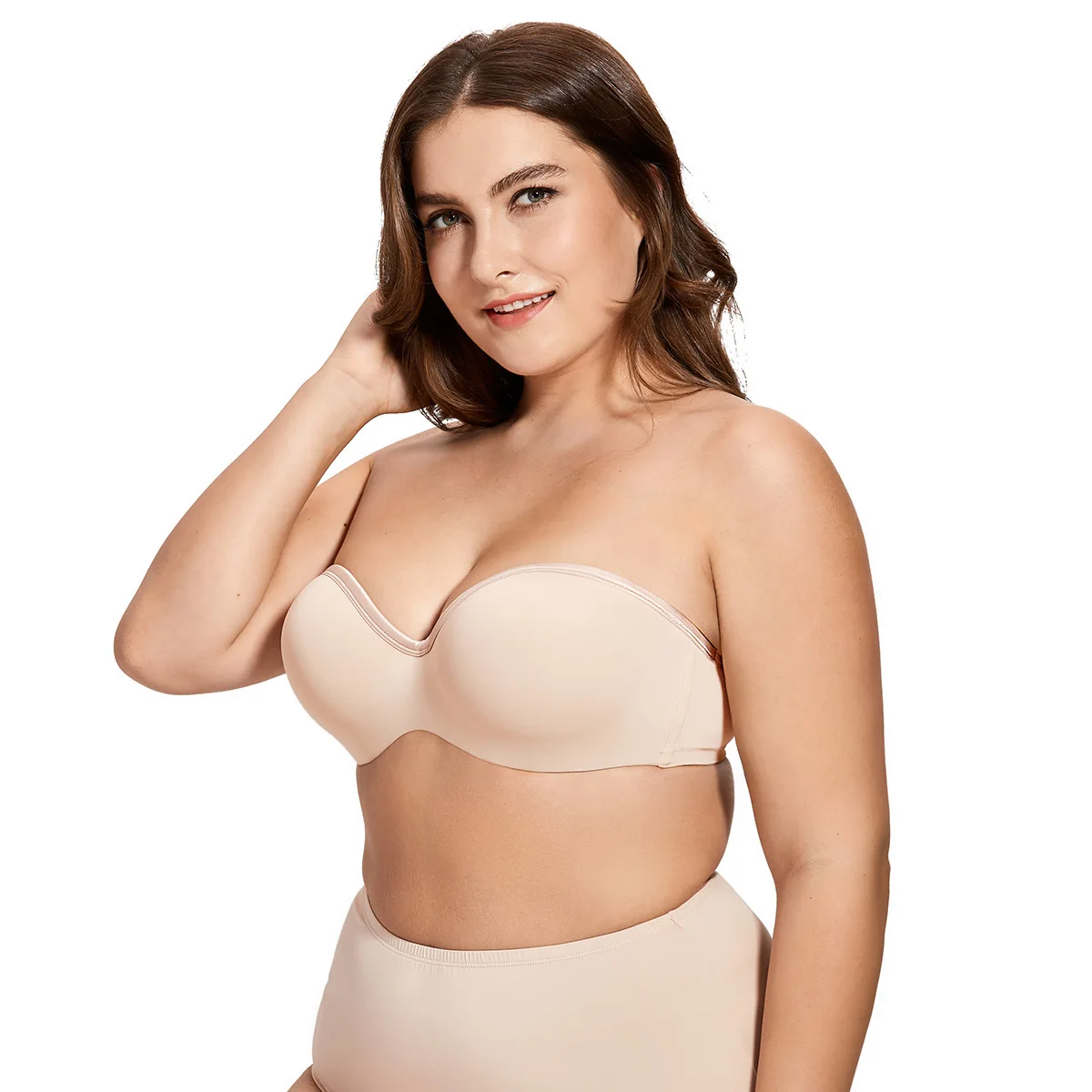 Beige02 DELIMIRA, женский бюстгальтер размера плюс, слегка проложенный, с полным покрытием, на косточках, поддерживающий лифтинг, бесшовный, многополосный, без бретелек, пуш-ап - Цвет: Beige02