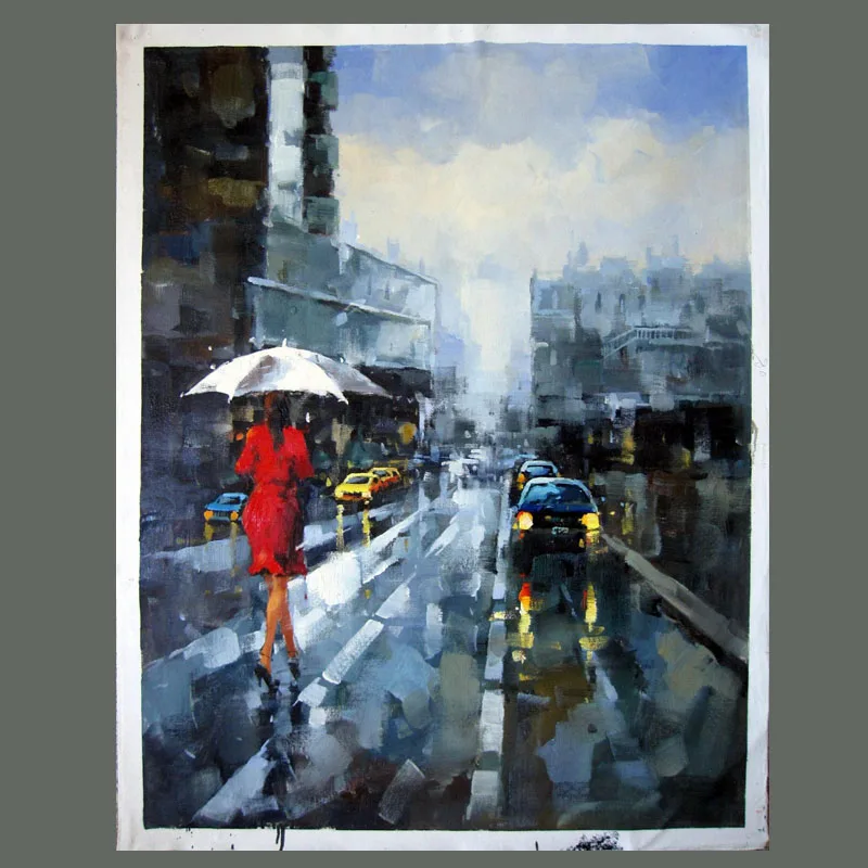 

Hand Painted Modern Abstract City Rainy Landscape Art Woman hold Umbrella Oil Painting On Canvas Home Wall Art No Framed