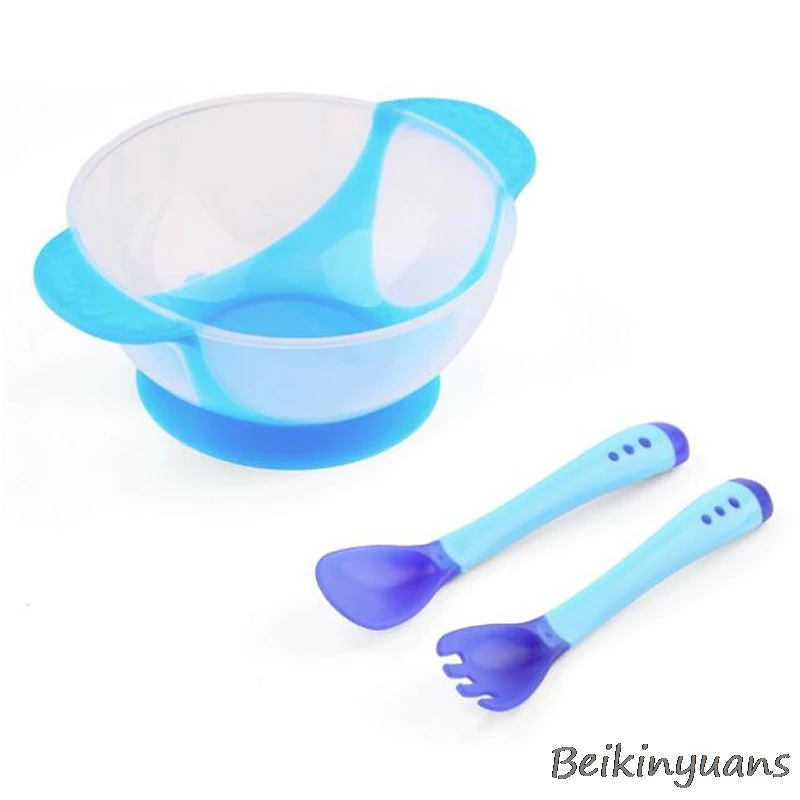 blue Миска на присоске для новорожденного ребенка, нескользящая посуда, набор ложек с датчиком температуры, набор для обучения детей - Цвет: blue