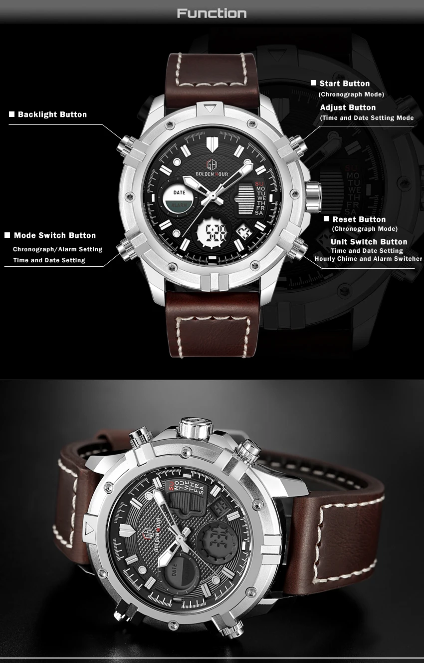 Relogio Hombre GOLDENHOUR кожаные спортивные мужские часы Автоматические цифровые военные кварцевые мужские наручные часы Relogio Masculino