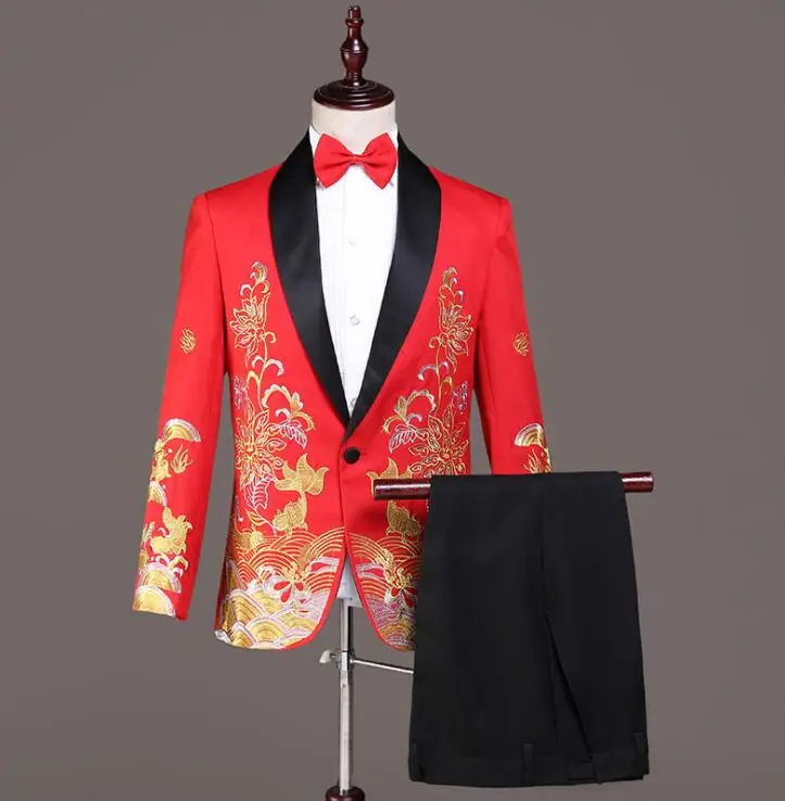 Blazer men groom suit set with pants mens wedding suits costume singer star style dance stage embroidery clothing formal dress | Мужская