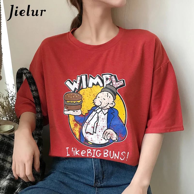 Jielur Лето футболка женская корейский милый мультяшный принт с коротким рукавом 4