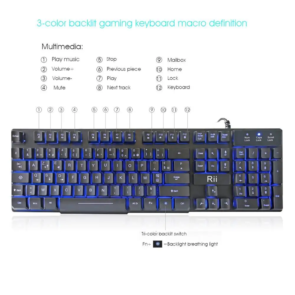 Rii RK100 3 цвета светодиодный USB Проводная французская (Azerty) Игровая клавиатура
