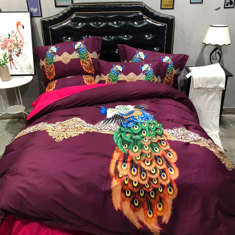 

Luxury red blue peacock 100S Egyptian cotton digital printing Bedding sets Queen King Duvet cover Bed sheet set Pillowcases 4pc