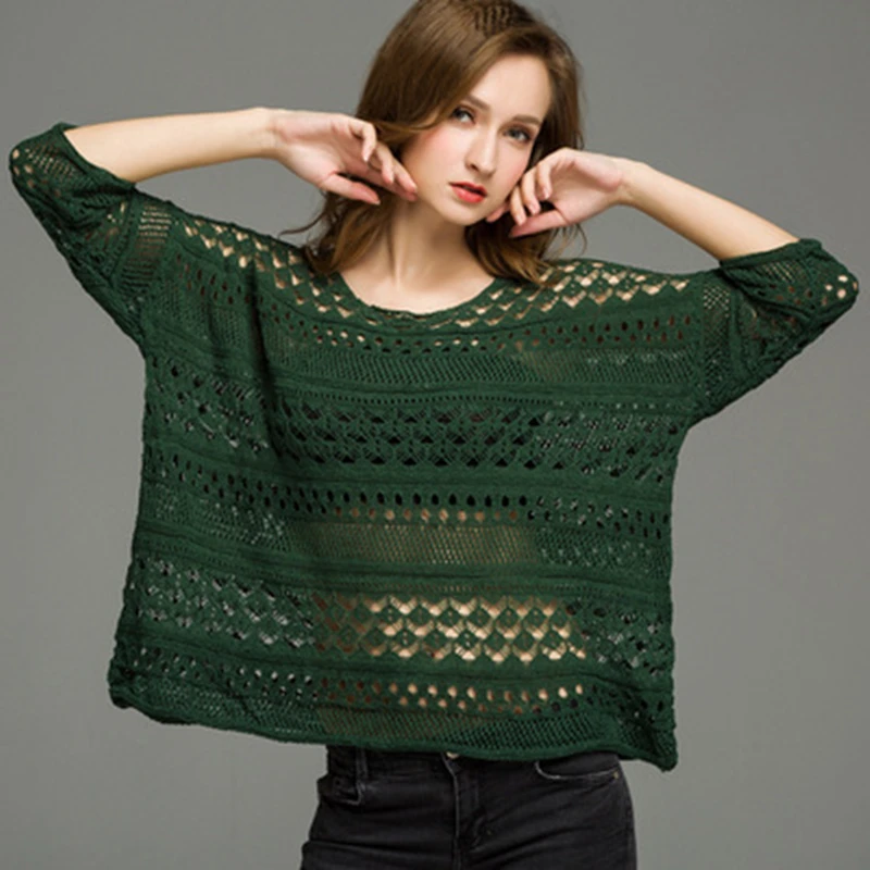 2017 Весна и осень тонкие пикантные открытые женские пуловеры сплошной цвет три