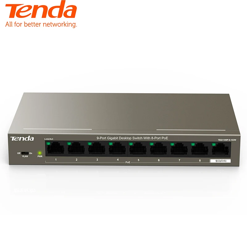 Tenda TEG1109P 8 102W гигабитный коммутатор poe сетевой переключатель ethernet 9*10 100 1000 Мбит RJ45