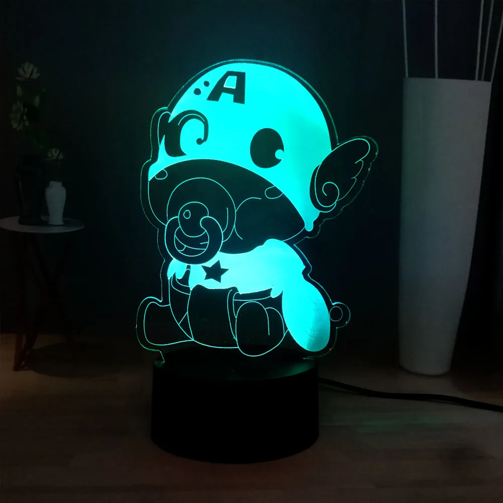 Фильм Marvel мультфильм милый ребенок издание Капитан Америка 3D 7 цветов USB База LED