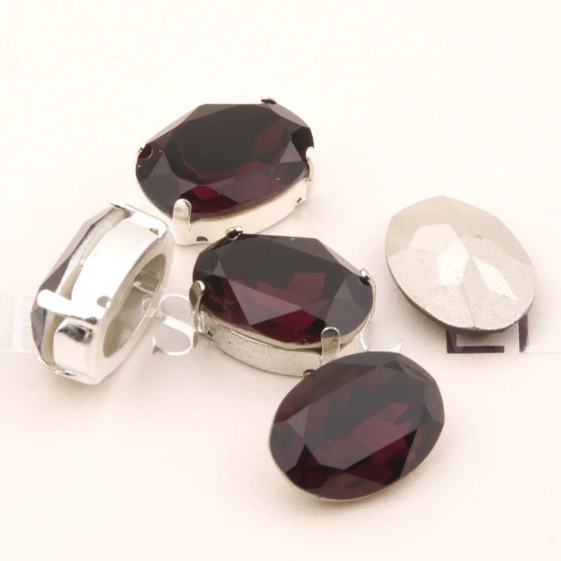 

Amethyst Glass Rhinestones Oval Diamond With Claw Sew On Strass Metal Base Buckle Crystal Stone Beads For Jewelry Clothes