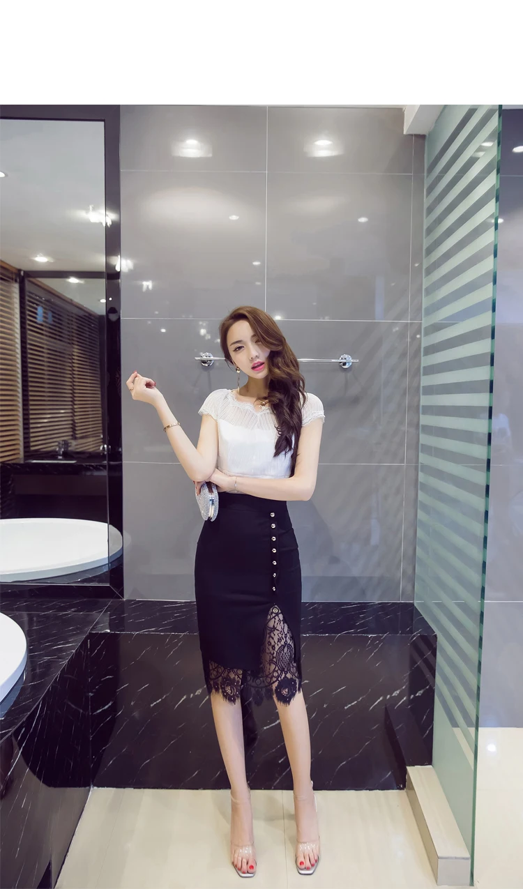 New Women Side Beading Lace Stitching Skirts Elegant High Waist Office Business OL Skirts Stretch Plus Size Midi Skirts Women