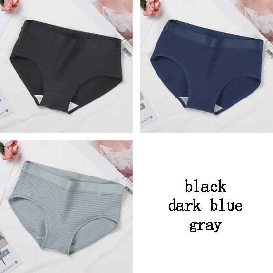 Black Dark blue Gray 3 шт./лот, женские трусики, нижнее белье, хлопковые удобные штаны, полосатые трусы, дышащие для девушек, трусики для девушек, женские трусики со средней посадкой, трусы DULASI - Цвет: Black Dark blue Gray
