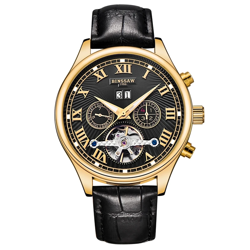 BINSSAW Мужские автоматические механические часы Tourbillon кожа Бизнес Мода Топ