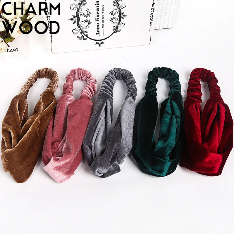 Женская крученая повязка на голову CHARM WOOD летняя модная однотонная велюровая
