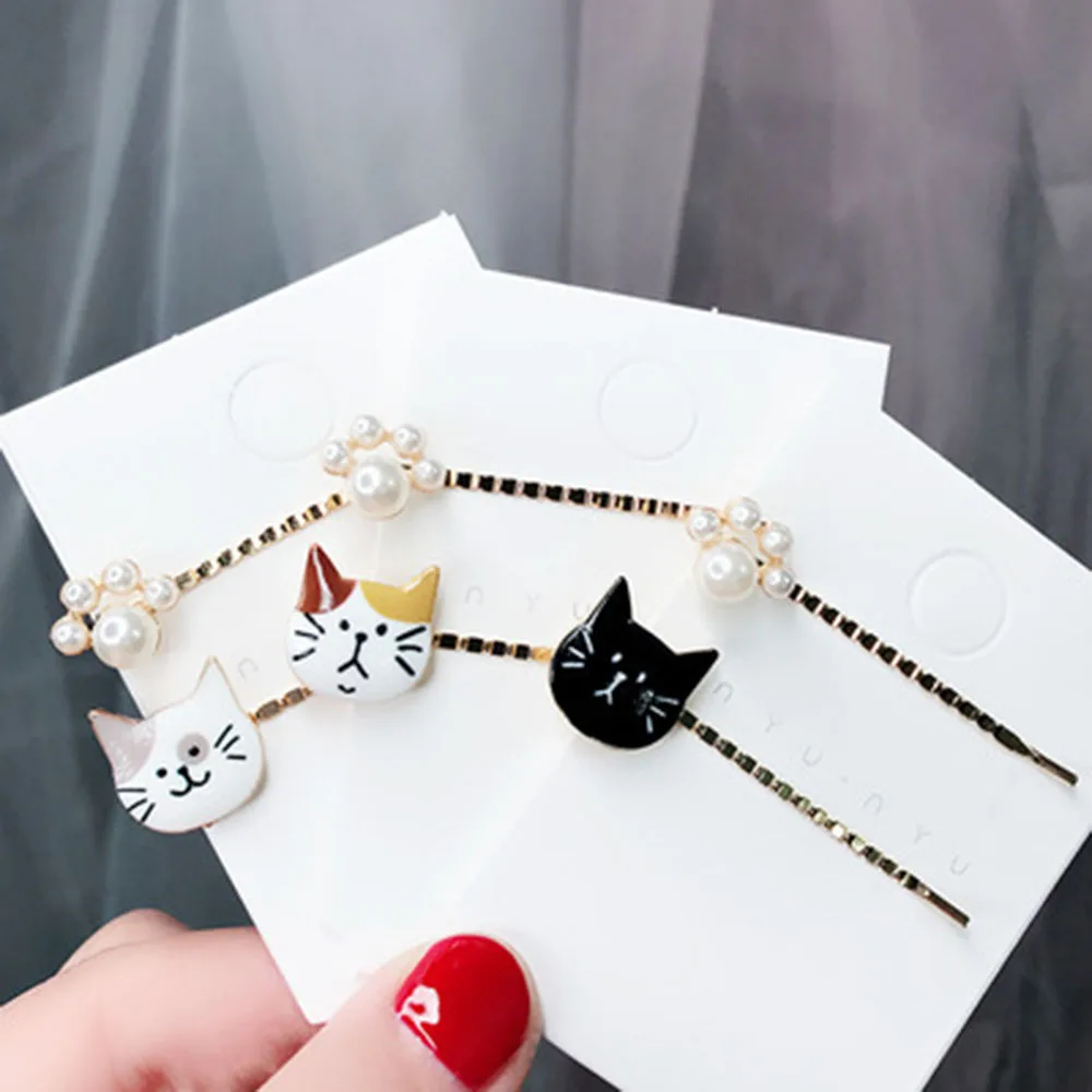 

New 2pcs/Set Korean Women Girls Pearl Metal Hair Clips Cute Cat Bobby Pin Barrette Hairpin Headdress Hair Accessories dropship