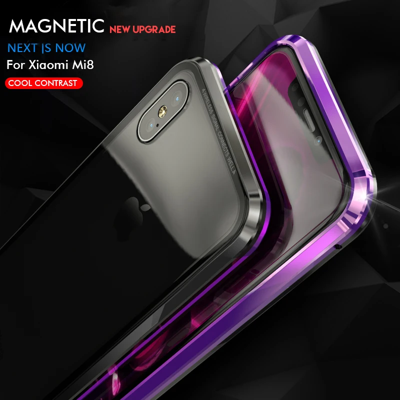 Магнитный адсорбционный чехол для Xiaomi Mi8 прозрачное закаленное стекло +