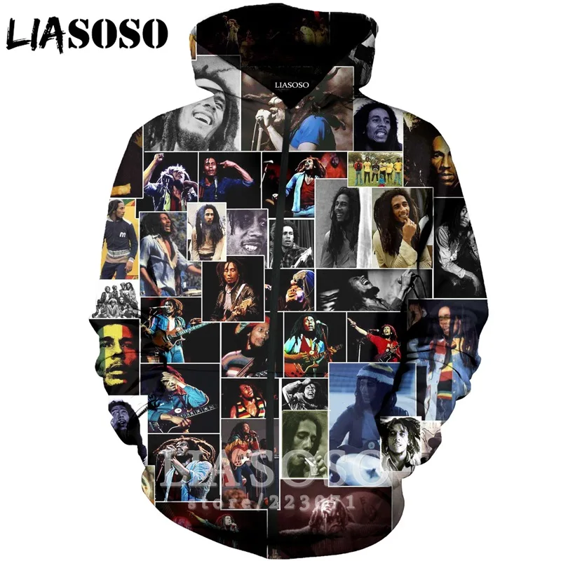 LIASOSO 2019 New Fashion Men Women 3D Print Singer Bob Marley Zipper Hoodie Unisex Casual Long Sleeve Coat Sweatshirt A188-04 | Мужская