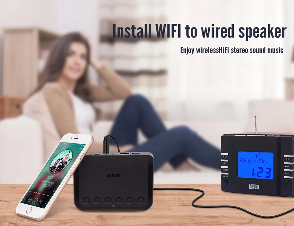August WR320 WiFi аудиоприемник AIRPLAY+ беспроводной музыкальный адаптер для iOS и Android с мнококомнатной синхронизацией