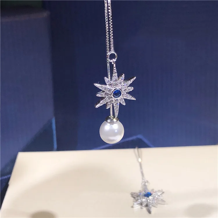 

Real 925 Sterling Silver Statement Designer Pentagon Star Dangle Earrings Trendy Elegant Women Tassel Pearl Earrings