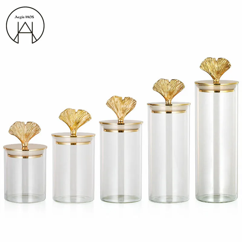 

brass ginkgo leaf Glass Jar Candy jar transparent coffee bean candy cans block sealed jar Tea Storage bottle bonbonniere bocal