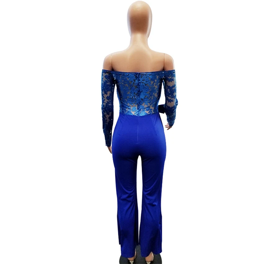

Women Spring Long sleeve Blue Romper Floral See Through Lace Patchwork Bow Backless Office Lady Harem Pants Jumpsuit overalls