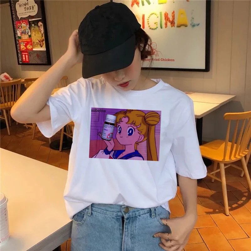 Сейлор Мун футболка Kawaii Женская летняя футболка Harajuku сладкий принт короткий рукав Ullzang футболка Женские топы футболки графический