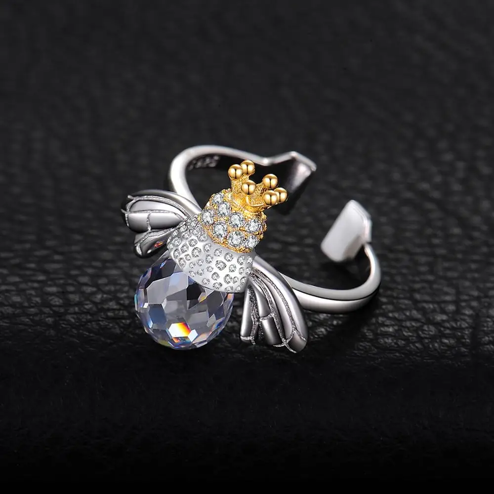 JewelryPalace Fashion 9ct Cubic Zirconia Crown Wing Honey Bee Adjustable Open Ring 925 Sterling Silver Women Luxury Fine Jewelry