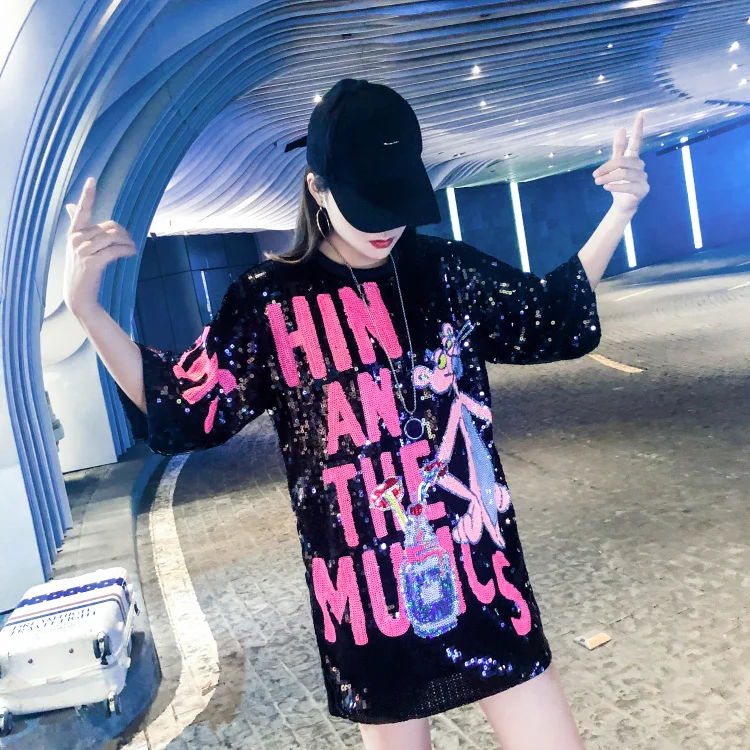 fashion Letter Sequins T Shirt Women Pink Panther Dress Summer Print T Shirt Women Half Sleeve Mini Dresses Oversize Tops