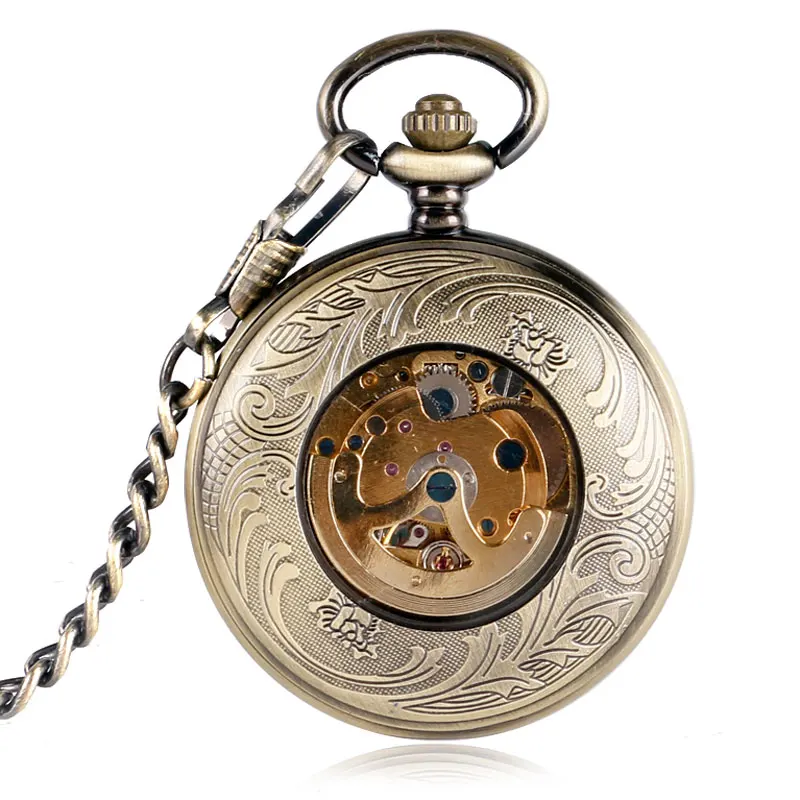 

Vintage Automatic Mechanical Poker Hollow Pendant Skull Bronze Pocket Watches With Chain Men Women Skeleton Watches Gifts