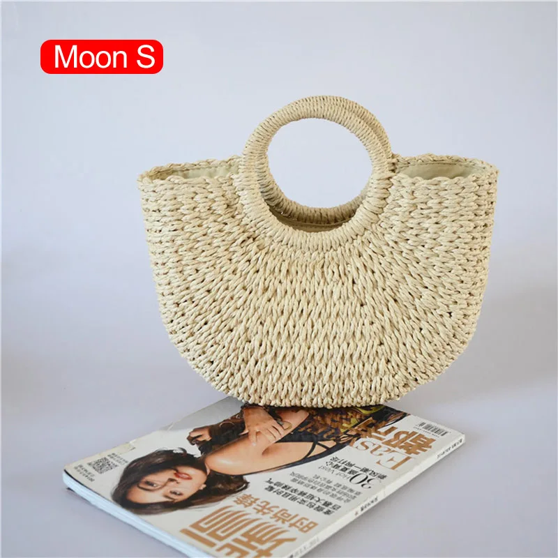 Moon S Beige Французские летние пляжные сумки женщин повседневные большие сплетенные наплечные сумки L1072 - Цвет: Moon S Beige