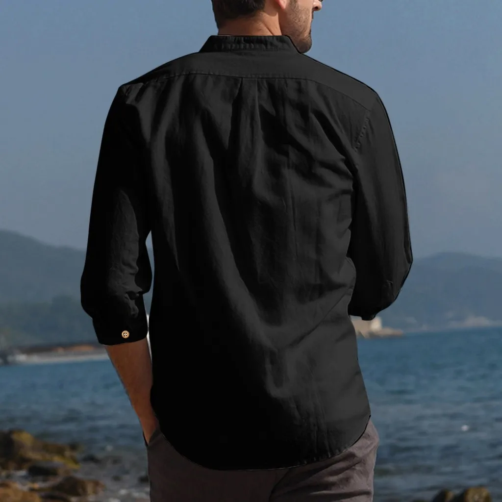 Мужская рубашка летняя хлопковая льняная с карманами три четверти|Повседневные