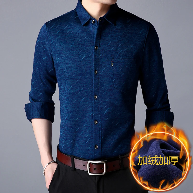 2018 new Mens Long Sleeve Plus Velvet Shirts purple Blue Slim Elegant Men Winter Keep Warm Striped Turn down Collar Shirt | Мужская