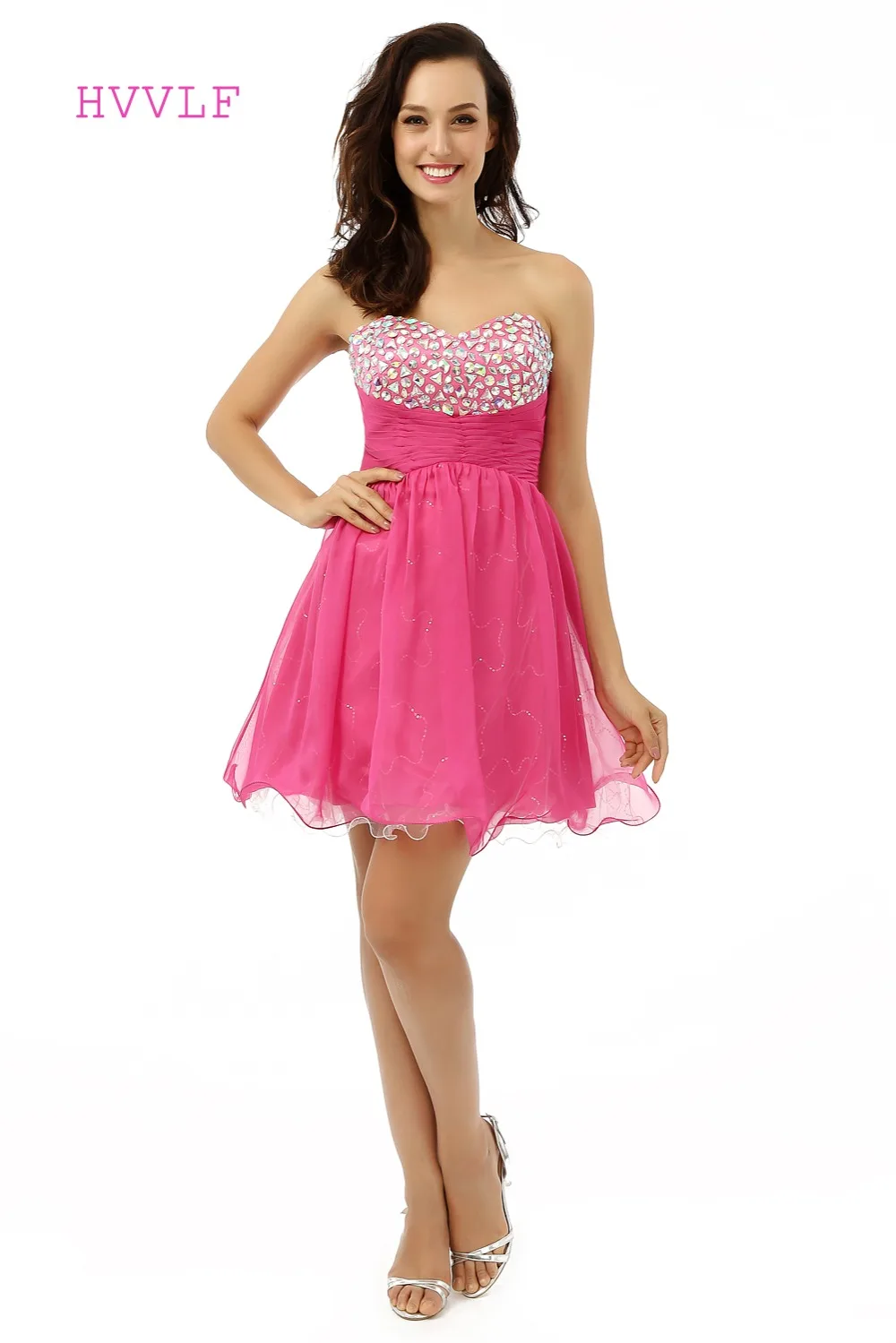 

Fuchsia Homecoming Dresses A-line Sweetheart Organza Crystals Backless Short Mini Sparkly Sweet 16 Cocktail Dresses