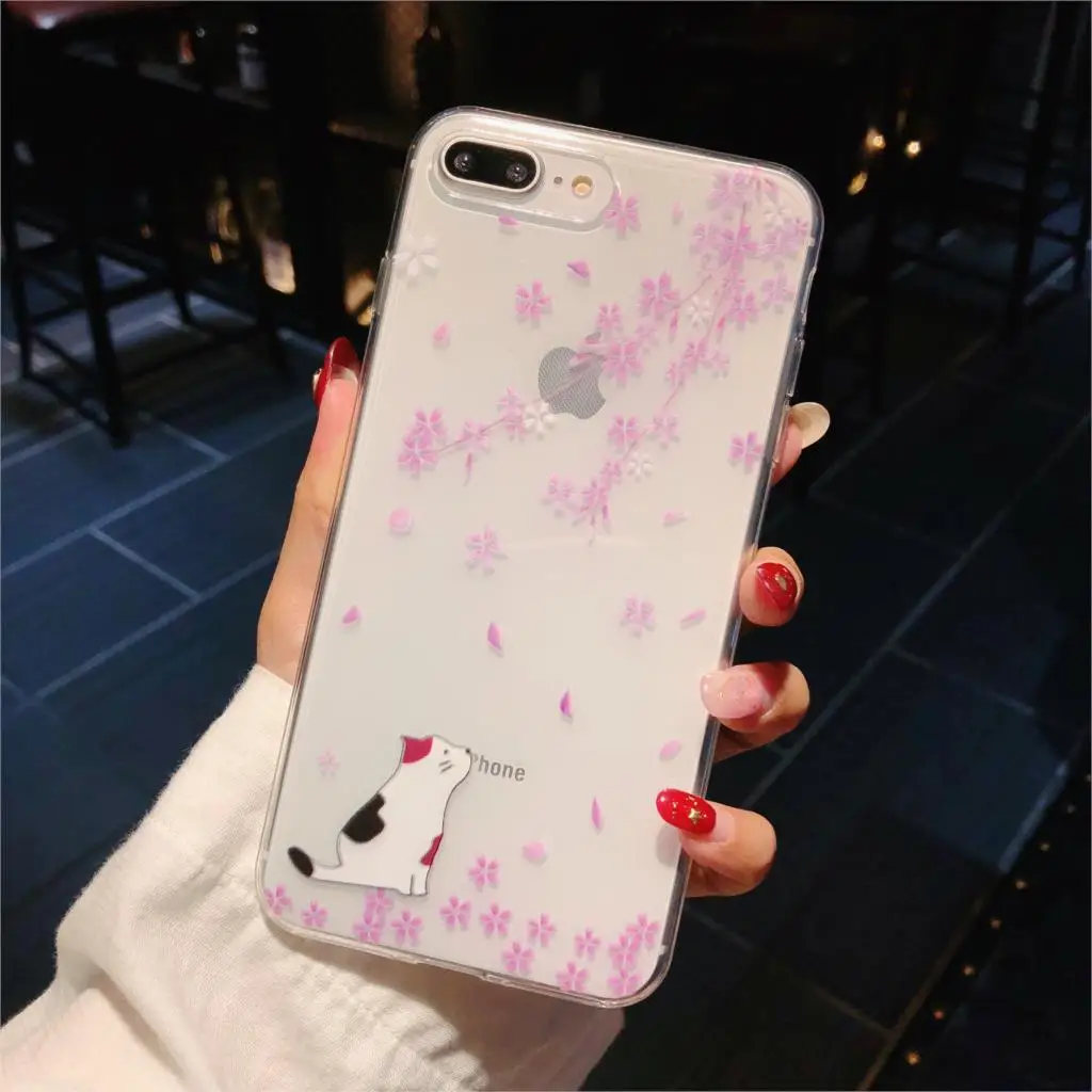 For iphone 8 8Plus case blossom Soft Cover + Tempered Glass Screen Flim for iPhone 6 6S 6sPlus 7 7plus Sakura Cat |