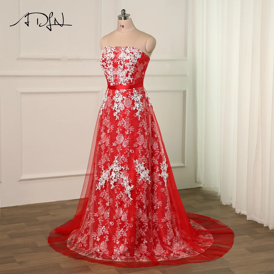 ADLN Fashion Red Prom Dress with White Applique Strapless Sleeveless A-line Tulle Evening Party Gowns Formal Dresses | Свадьбы и