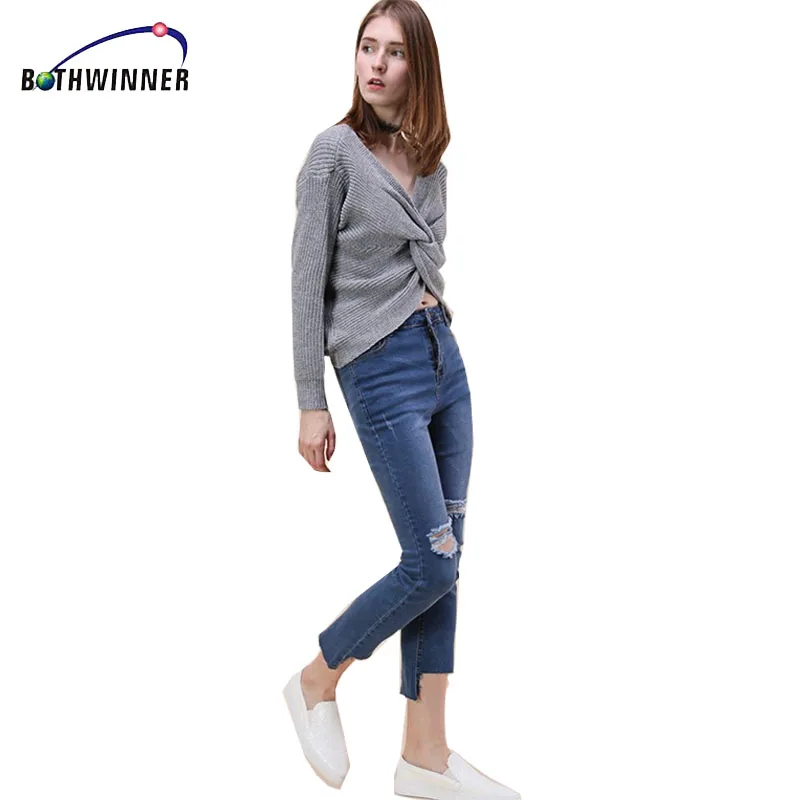 Bothwinner V Neck Twisted Back Sweater Women Jumpers Pullovers Long Sleeve Knitted Sweaters Pull Femme | Женская одежда