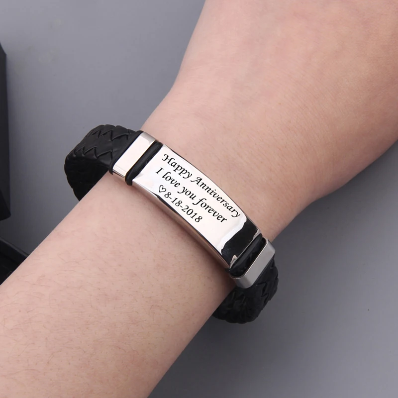 Leather Bracelet Men Gift Engraved Happy Anniversary Custom Date Keepsake Present I Love You Forever Couple Lover Boyfriend |