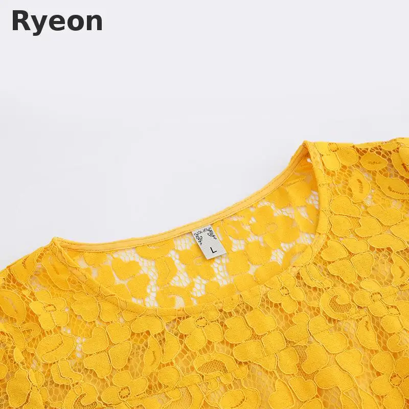Ryeon l 5xl плюс размер лето желтый офис кружева женщин одевается о шея кружевом